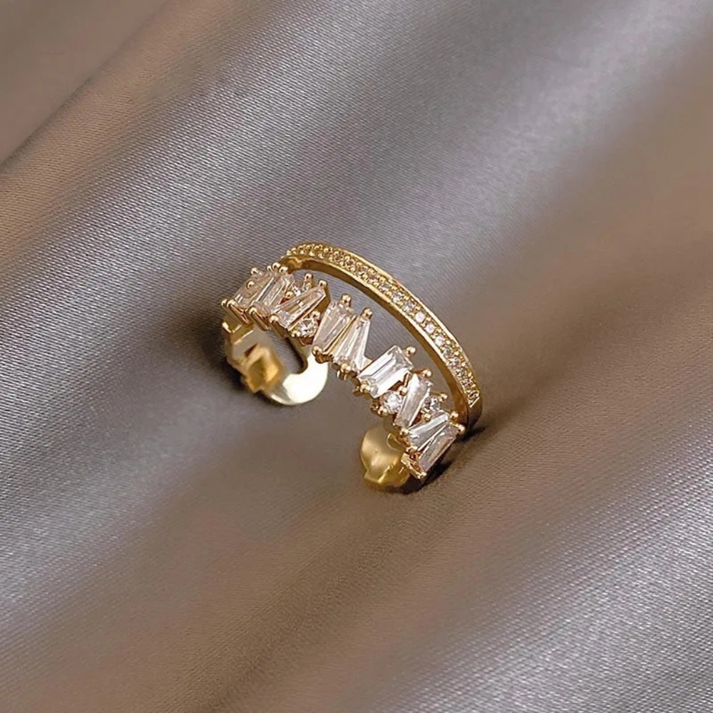 * NEW Luxury Elegant Gold Cubic Zirconia Diamond Double Layer Open Minimali Ring